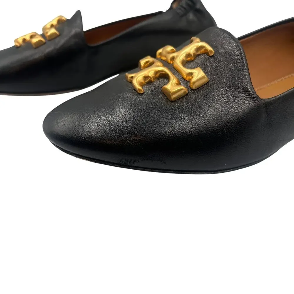 Tory Burch Loafers Flats Shoes Eleanor Double T Logo Leather Black Size 6.5M